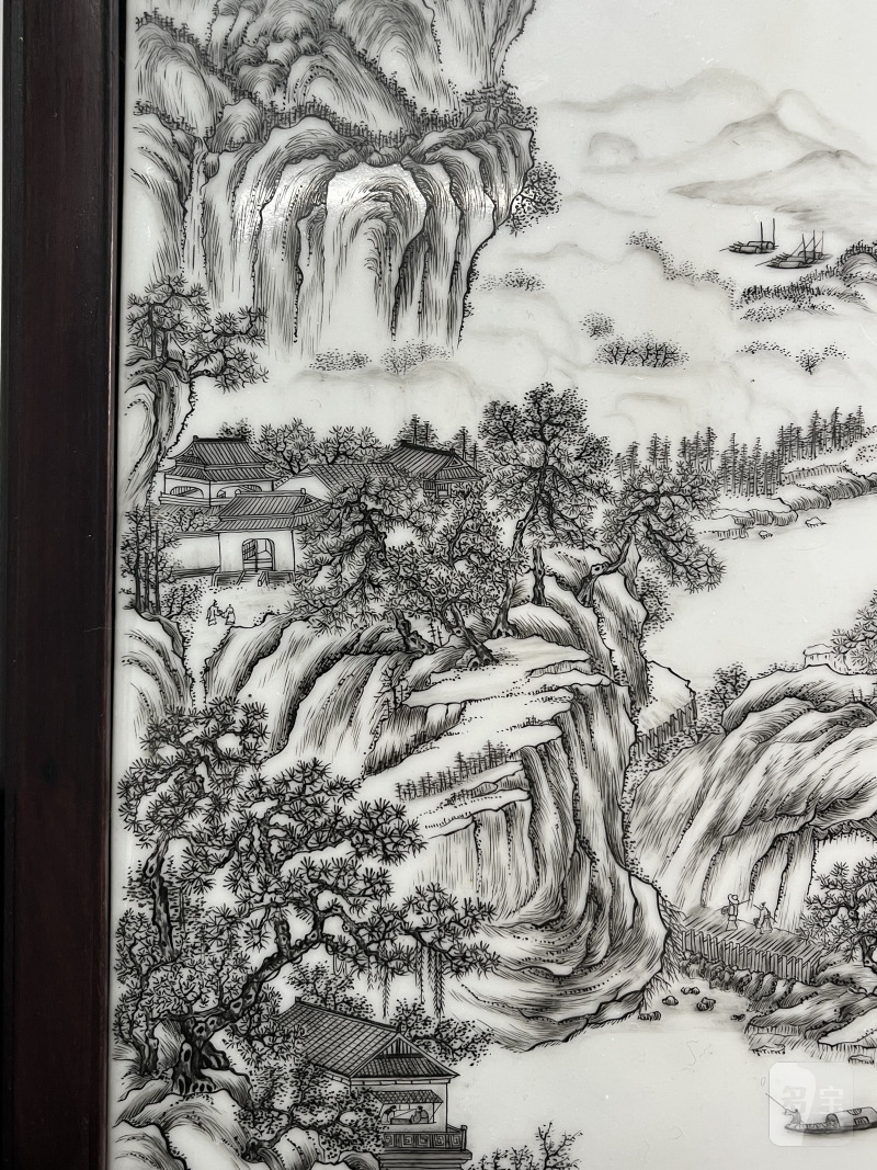 民国  墨彩刻瓷山水图插屏 - 图5